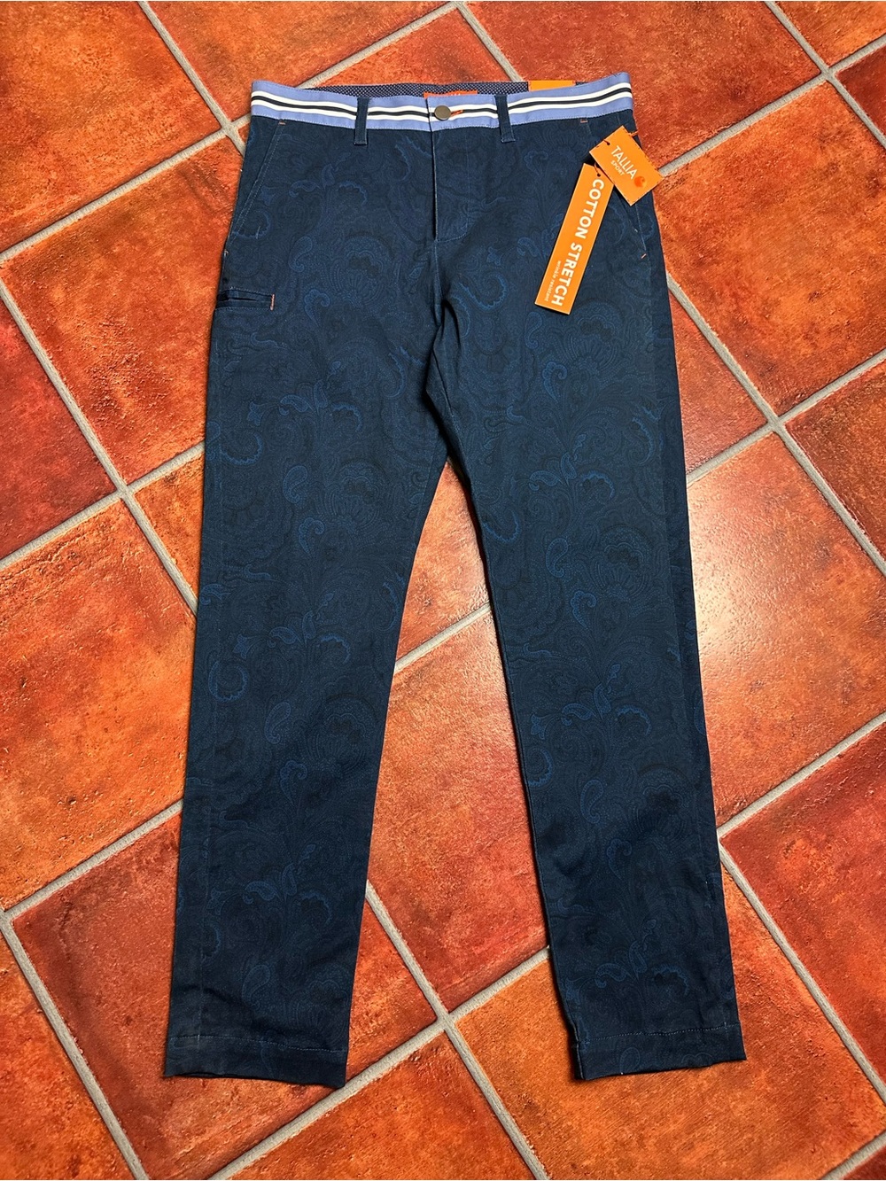 NWT Tallia Sport Stretch Cotton Patterned Paisley Pants with Striped Waist
